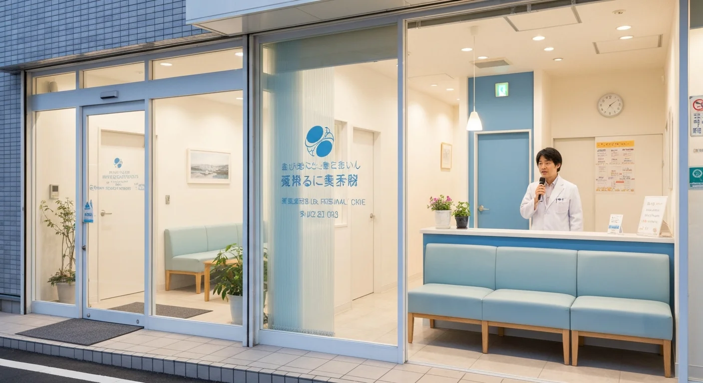 クリニック入口に続くガラス扉と外壁の夕方の様子